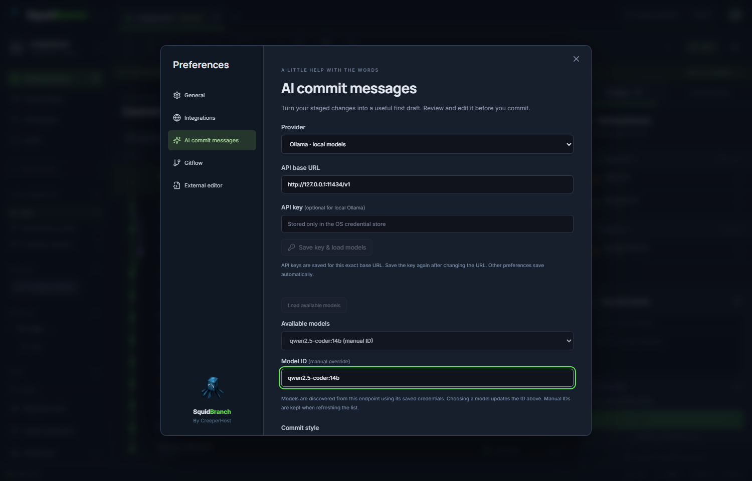 SquidBranch's optional AI settings and model configuration