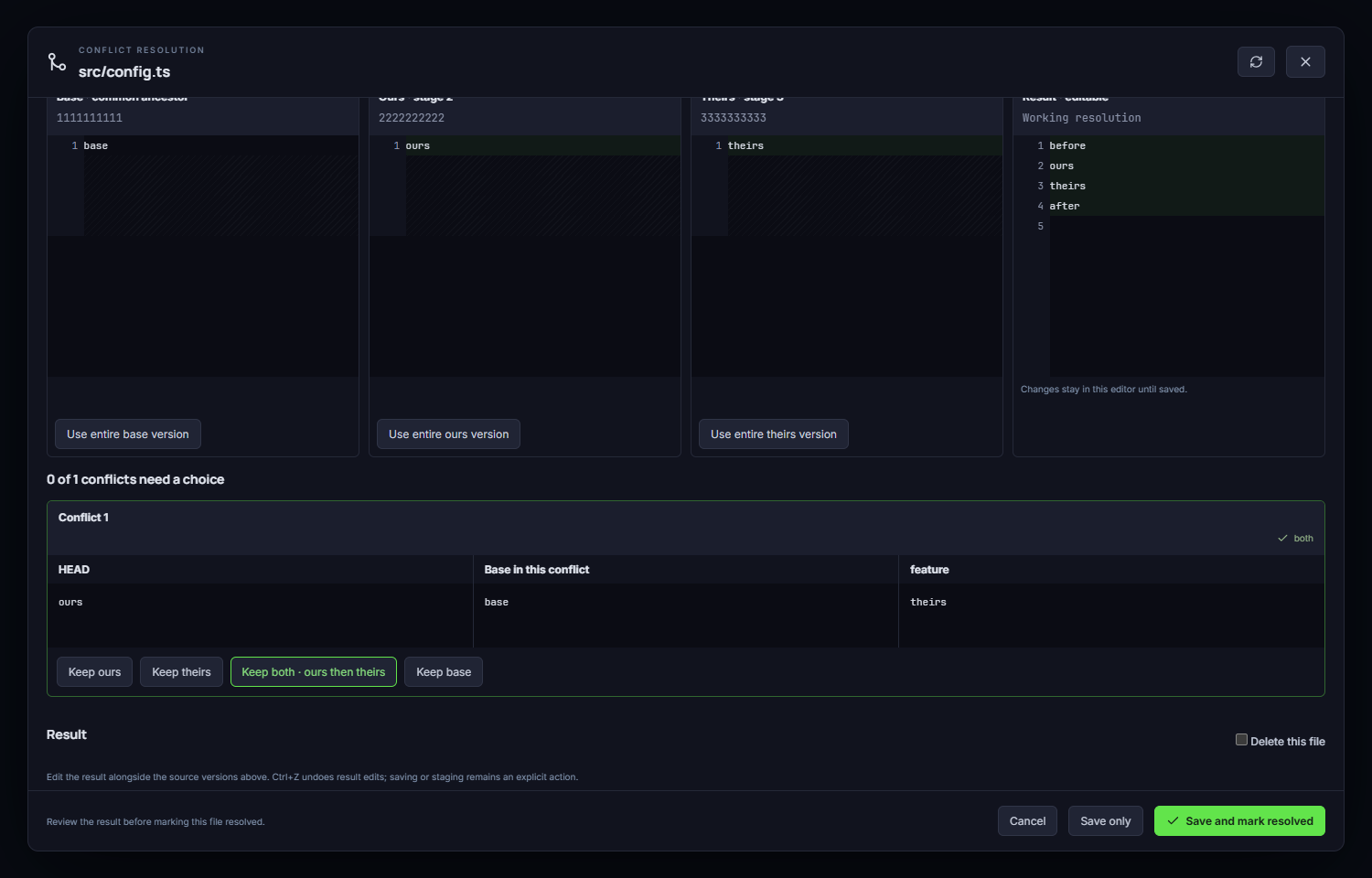 SquidBranch's conflict editor showing the different file versions and editable result