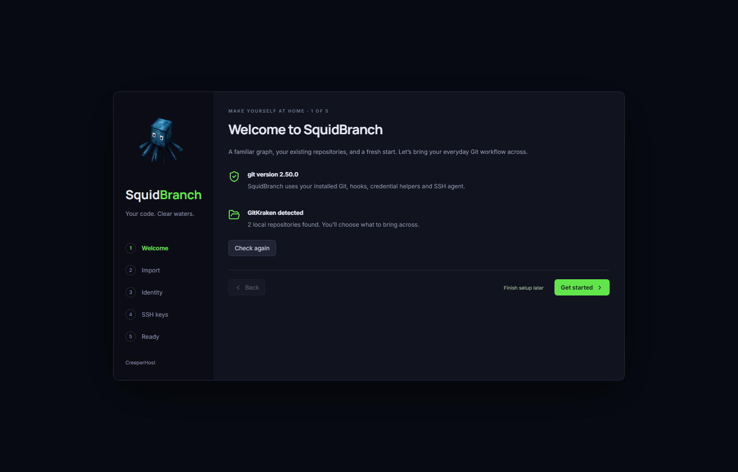 SquidBranch's welcome setup with its squid mascot and steps for importing repositories and configuring Git