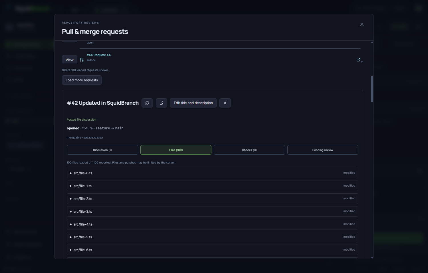 A merge request open in SquidBranch with discussions and changed files