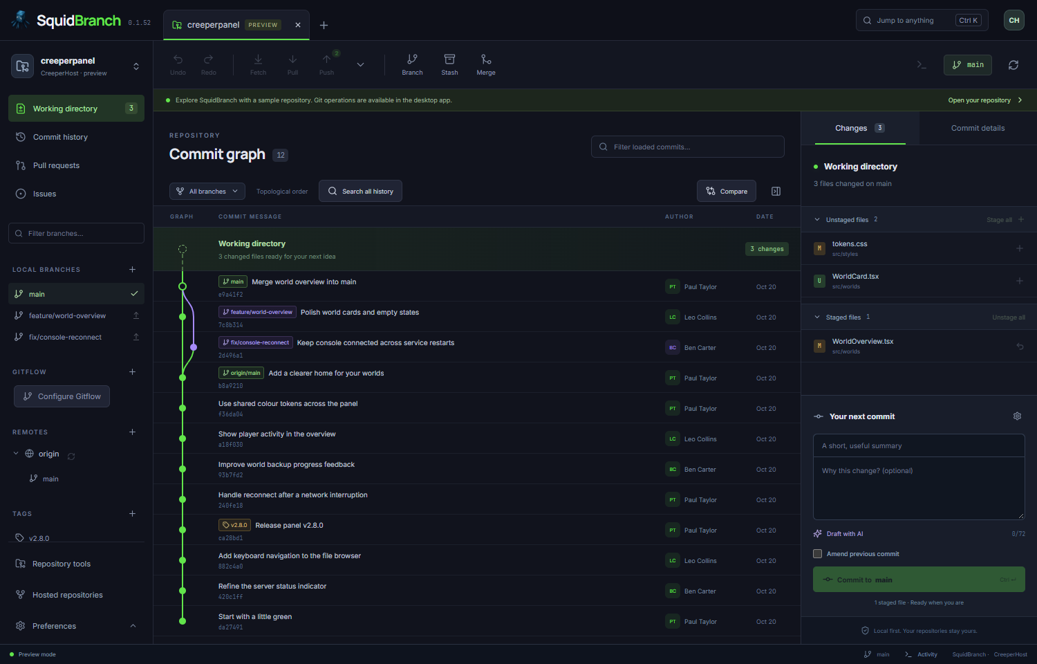 SquidBranch's dark workspace showing the commit graph, branch sidebar, changed files and commit editor